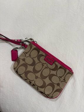 Coach Khaki Signature Canvas Wristlet with Pink Trim
